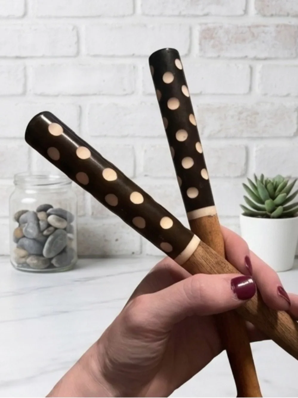 Polka Dot Handle Wooden Salad Serving Spoon and Fork Set - Brown